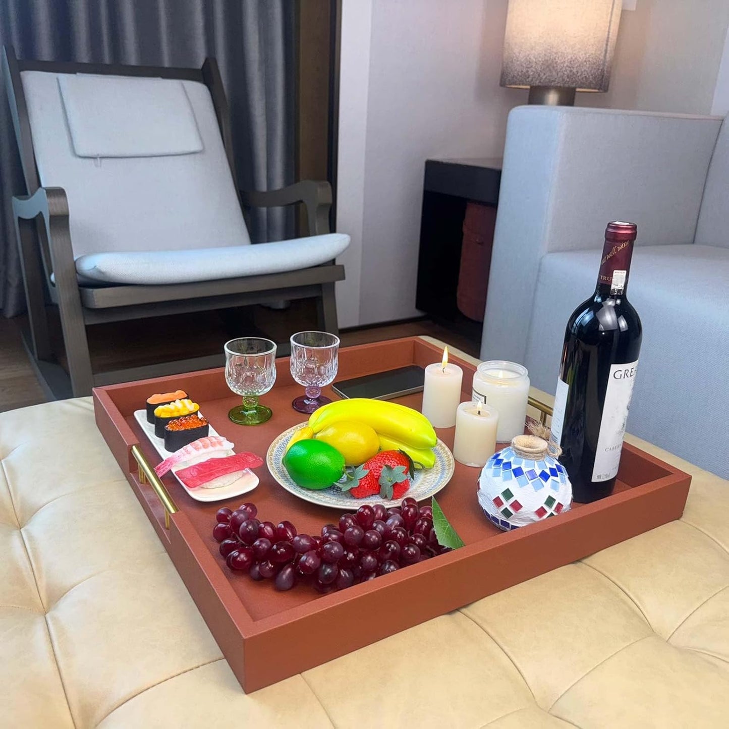 20x20 Inches Large Brown Faux Leather Wrapped Wood Ottoman Tray with Handles for All Occasions, Serving Food Breakfast On Bed, Home Decor Decorative, Living Room,Square Coffee Table Organizer