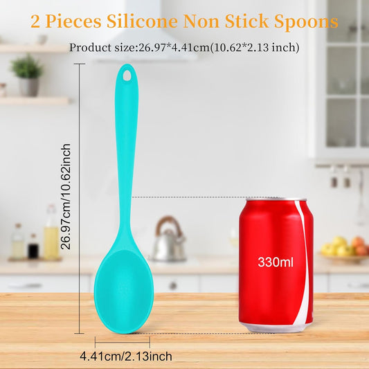 2 Pcs Silicone Nonstick Mixing Spoon,10.6Inch Silicone Spoons for Cooking Heat Resistant, Cooking Utensil for Kitchen Cooking Baking Stirring Serving (Blue)