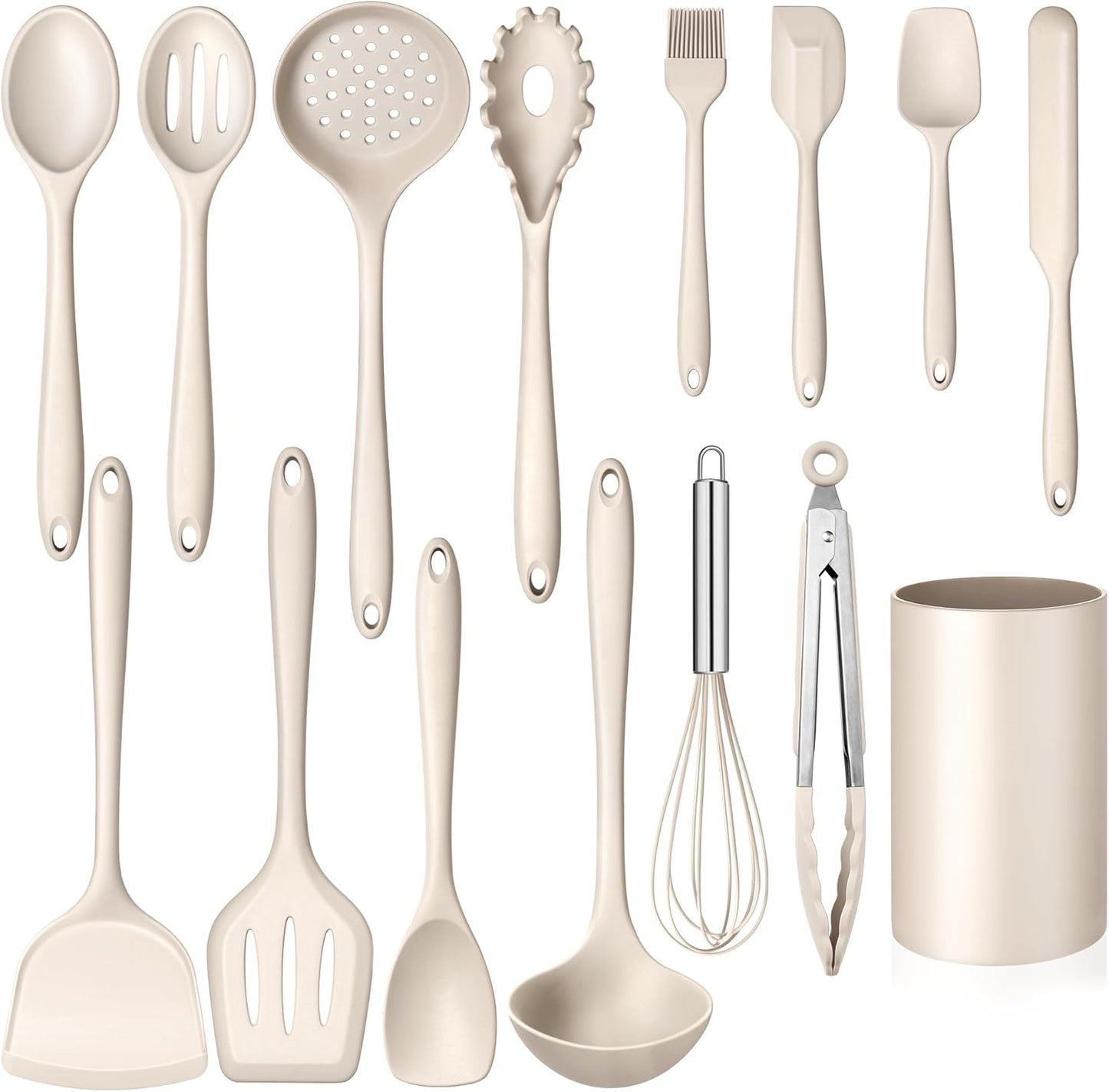 15-Piece Kitchen Cooking Utensils Set with Holder, Homikit Heat Resistant Food Grade Silicone Kitchen Utensils include Slotted Spatula Ladle Turner for Nonstick Cookware, Dishwasher Safe- Khaki