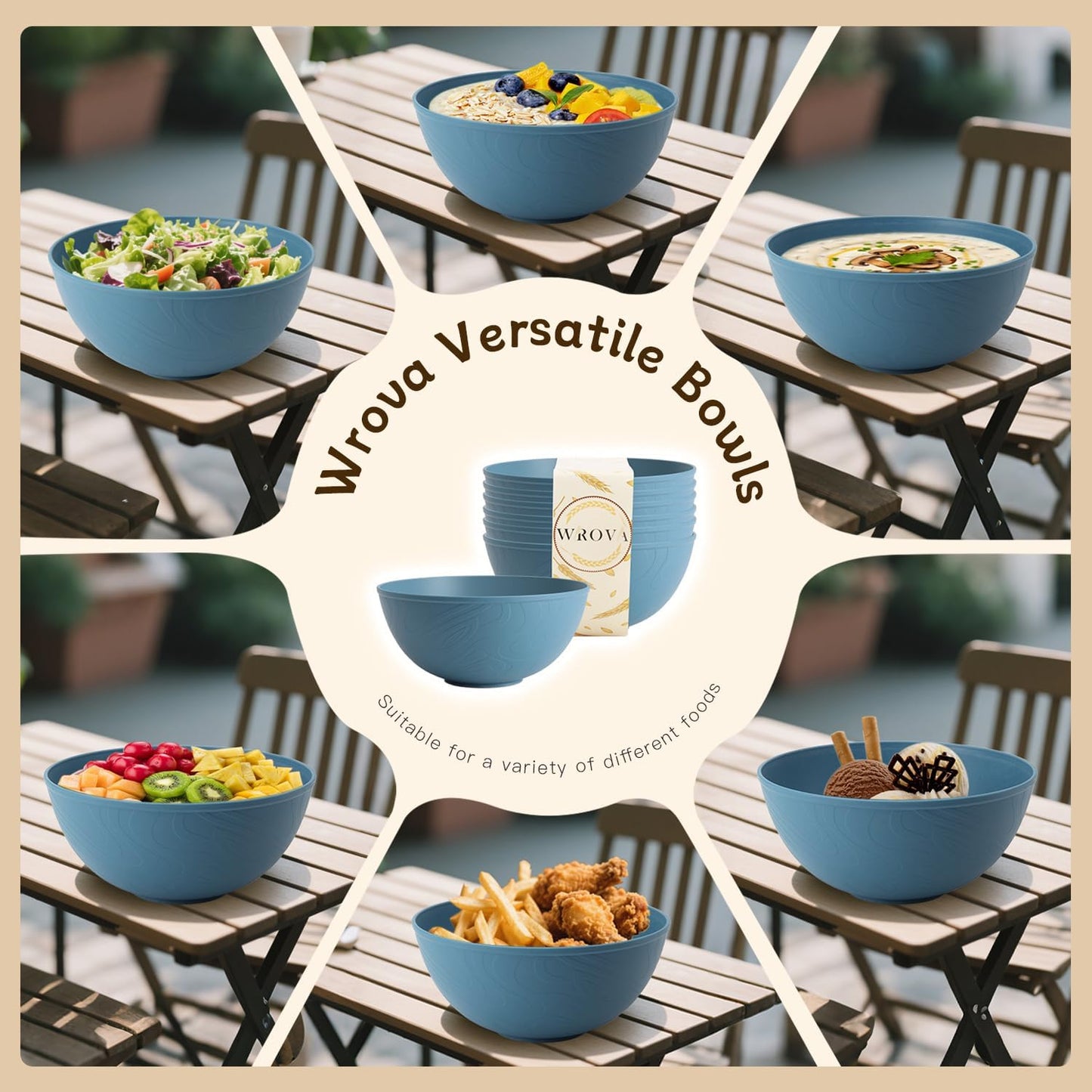 Wrova Wheat Straw Salad Bowls for Kitchen set of 6,Anit-Scald Thick Soup Bowls 40oz,Microwave and Dishwasher Safe Bowl set easy to clean. Blue