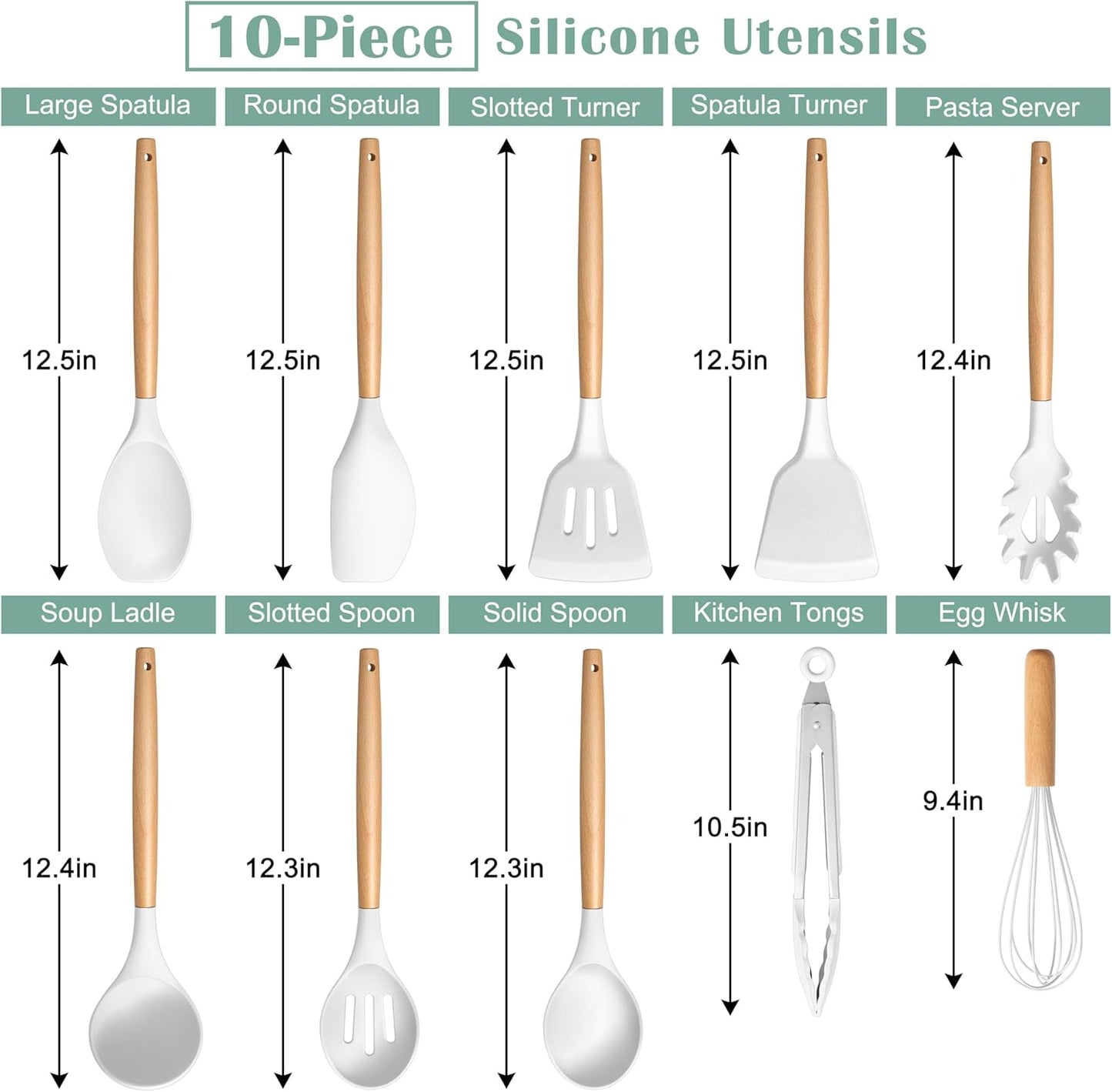 E-far Silicone Cooking Utensils Set, 446℉ Heat Resistant 10PCS Kitchen Utensils Set with Wooden Handle for Nonstick Cookware, Kitchen Tools Spatula Whisk Tongs Ladle, Non-toxic & Healthy, White