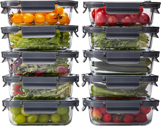 Glass Food Storage Containers with Lids, 10 Pack of 21oz, Glass Meal Prep Container with Airtight Lids, Microwave Safe Food Container Set, BPA Free, LeakProof, Ideal for Lunch