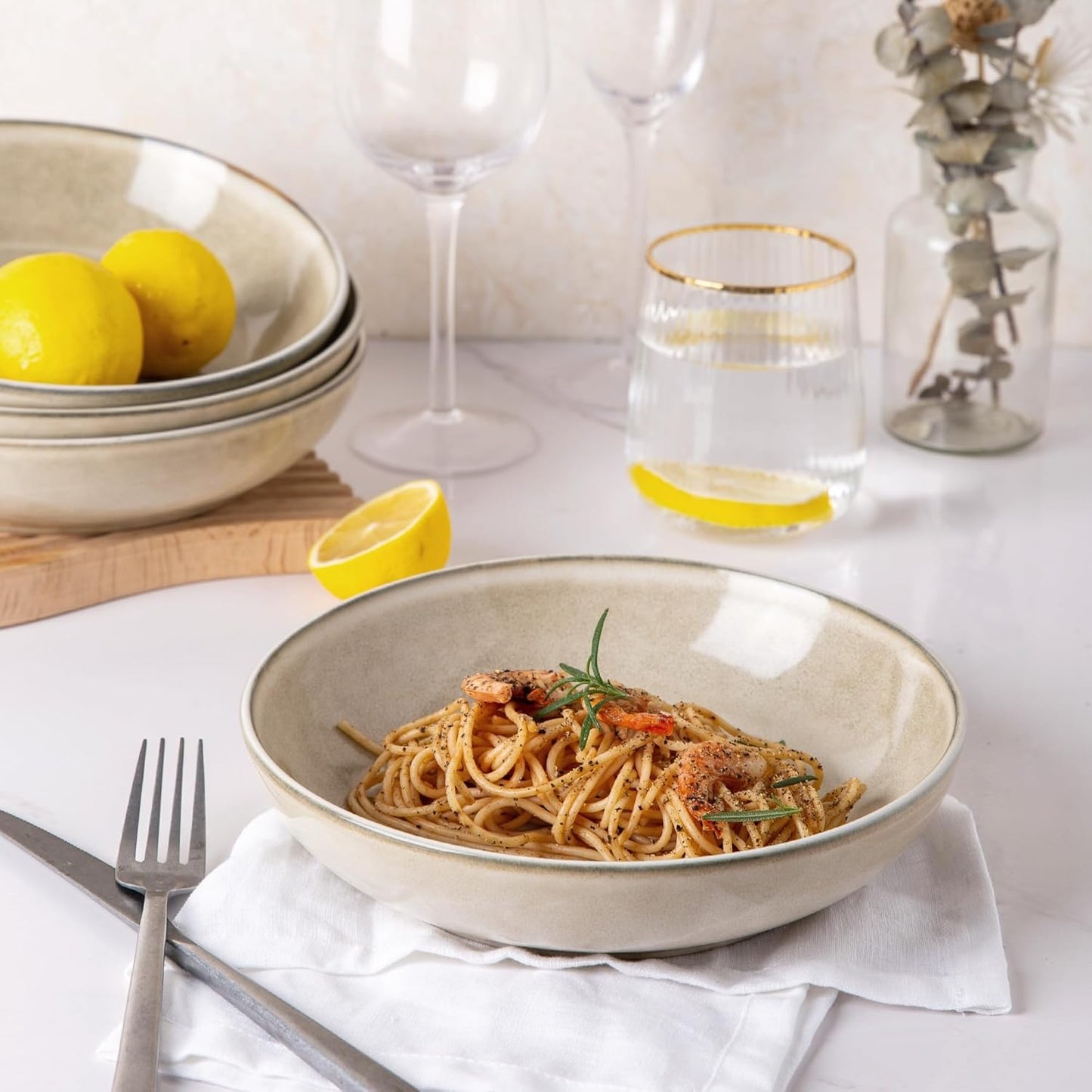 AmorArc 8.5'' Large Pasta Bowls, 36oz Ceramic Salad Serving Bowls Set of 6 for Kitchen, Wide Stoneware Bowls for Pasta,Salad,Fruit,Bread, Microwave Safe, Cappuccino