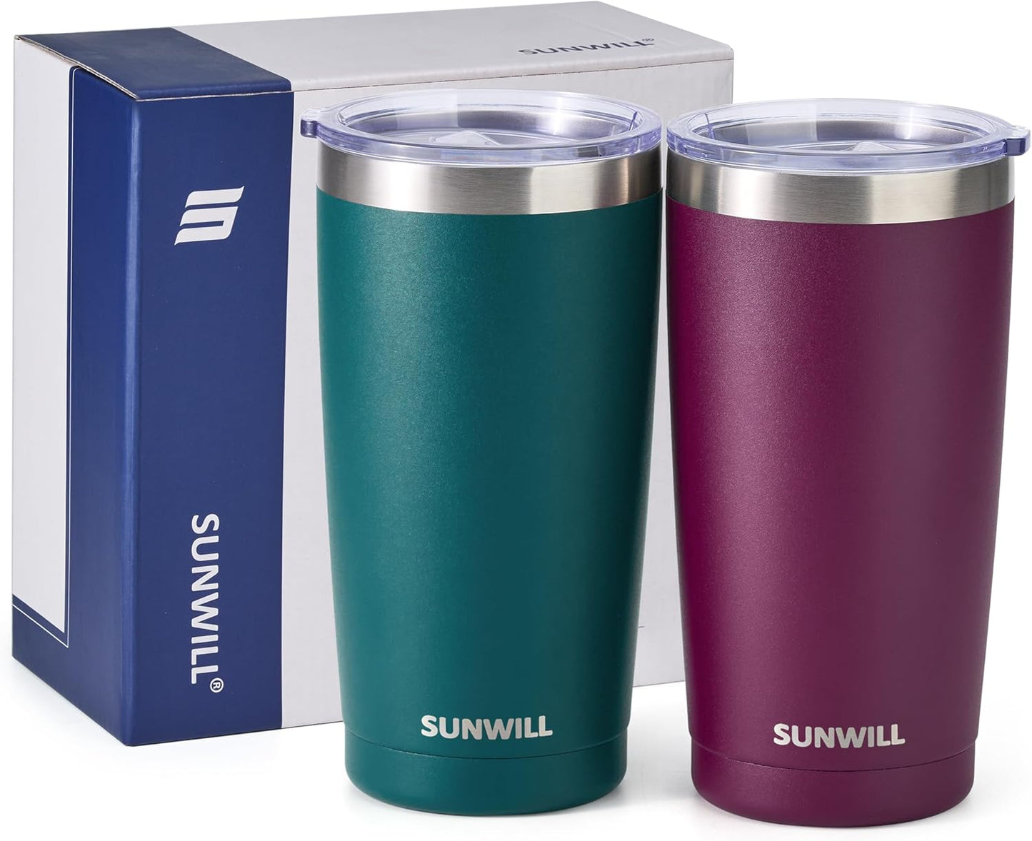 SUNWILL Travel Coffee Mug with Lid, 20 oz Tumbler Set of 2, Insulated Stainless Steel Cup for Drinks， Water, Tea, Powder Coated Forest Green & Plum