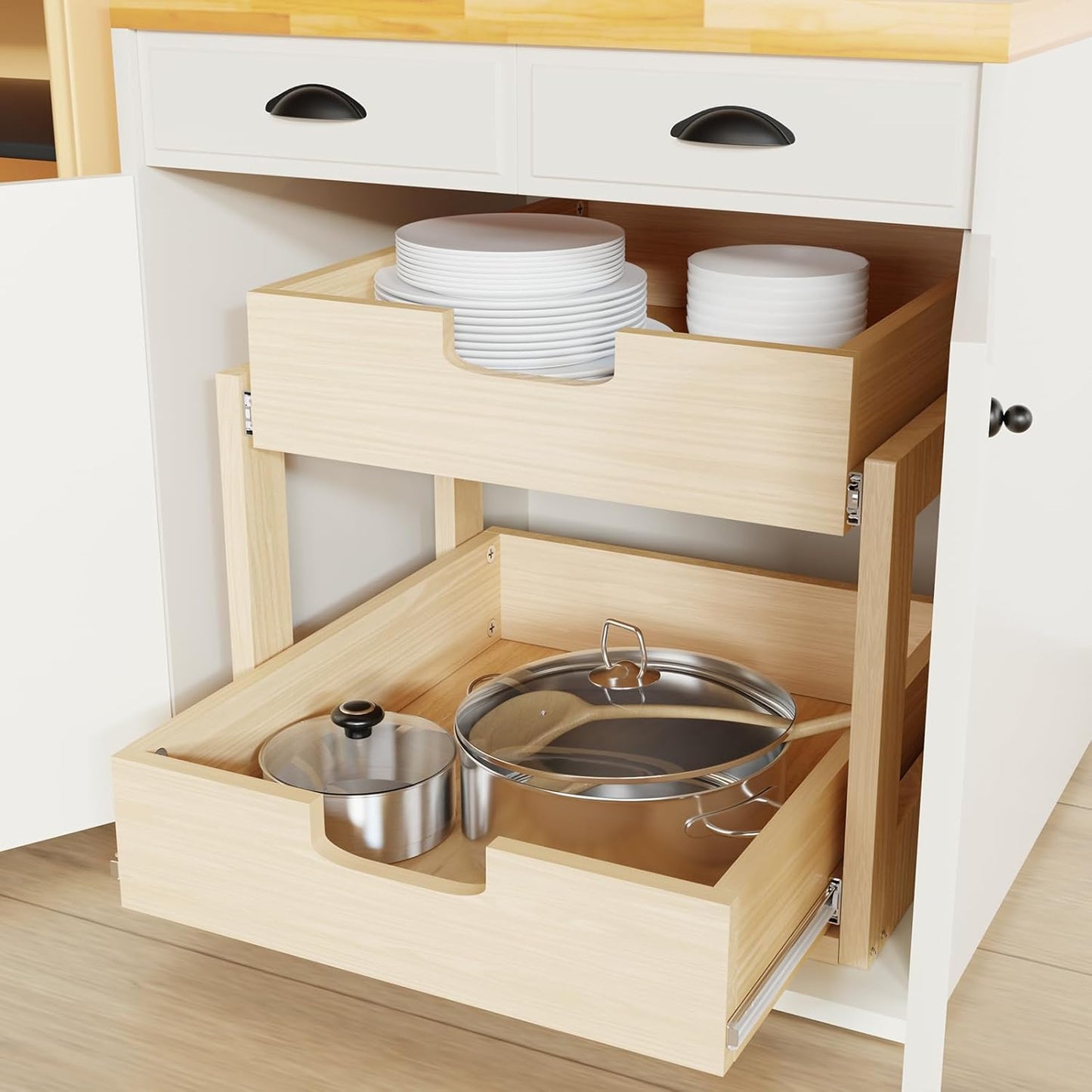 Pull Out Cabinet Organizer, 26''W×21''D×16''H Soft Close Slide Out Wooden Pull out Drawers, Double Tier Slide out Wood Cabinet Organizer, for Base Cabinet Organization in Kitchen, Pantry, Bathroom