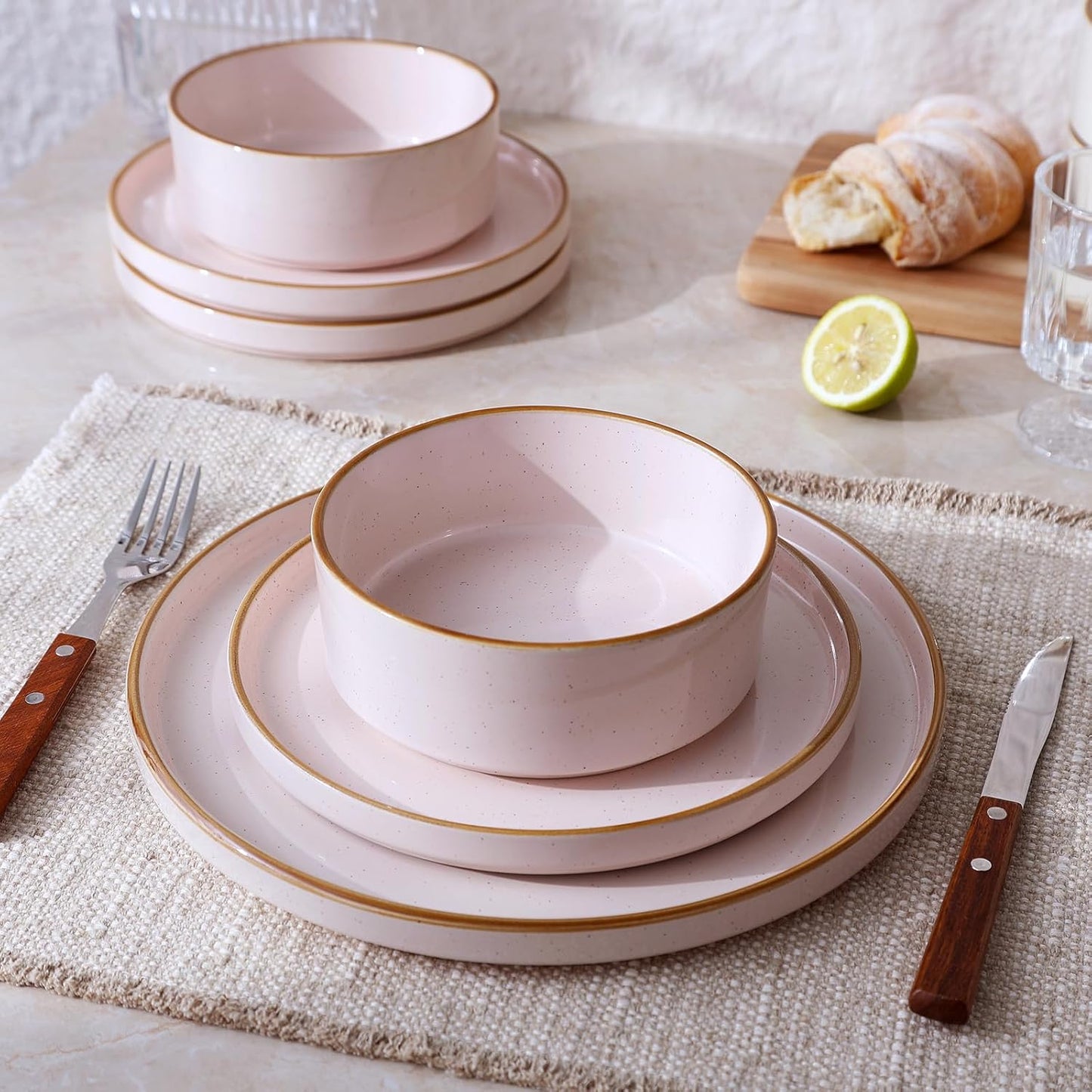 Famiware Nebula Plates and Bowls Sets for 4, 12 Pieces Stoneware Dinnerware Set, Microwave and Dishwasher Safe Dishes Set, Light Pink with Brown Rim