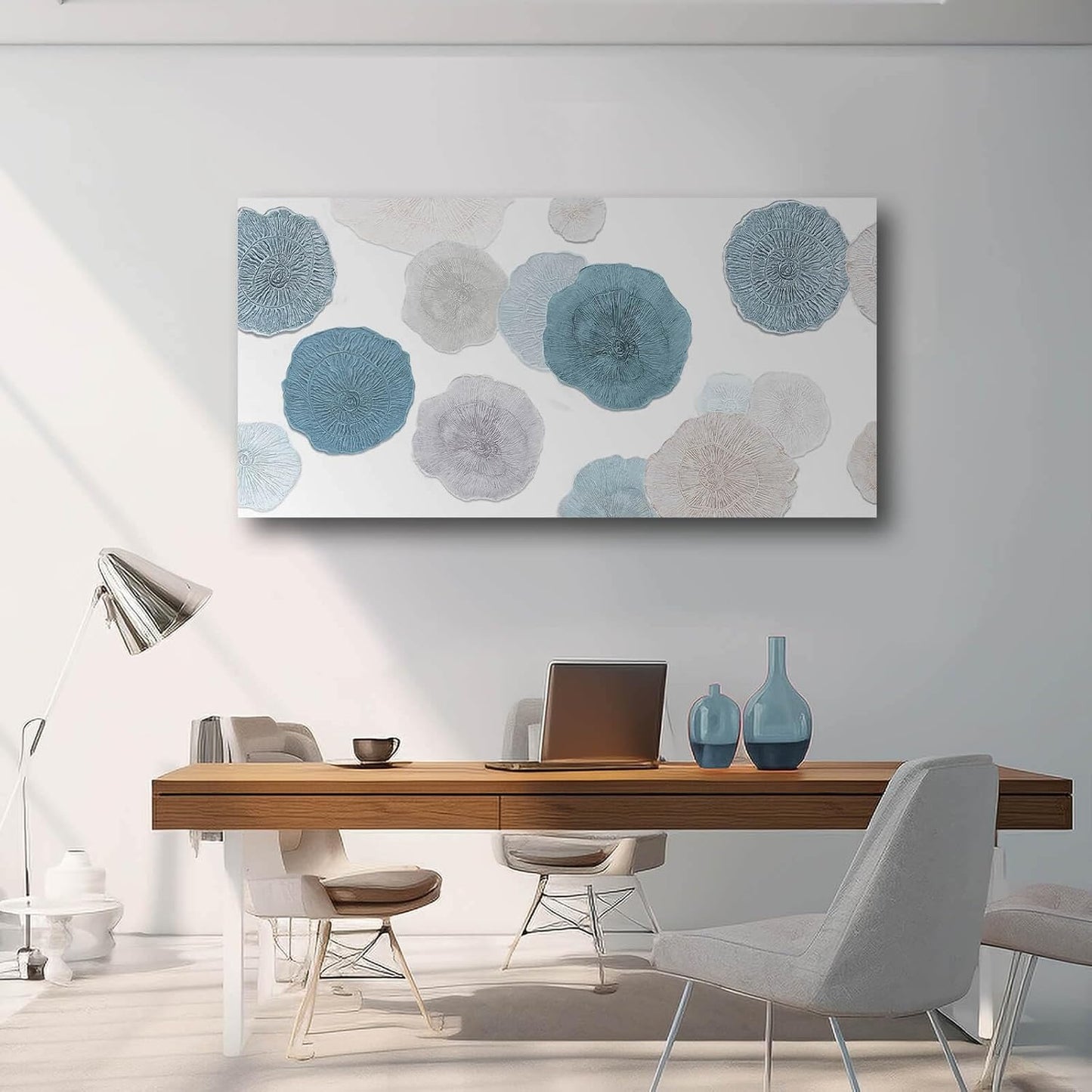 VAYIMDH Blue Wall Prints on Canvas White and Grey Abstract Wall Decor for Home Living Room Framed Poster Cozy Bedroom Painting 24"x 48" Flowers Wall Art
