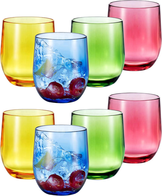 14-ounce Plastic Stemless Wine Glasses, All Purpose Arcylic Glasses, set of 8 Multicolor Reusable Shatter-resistant Dishwasher Safe