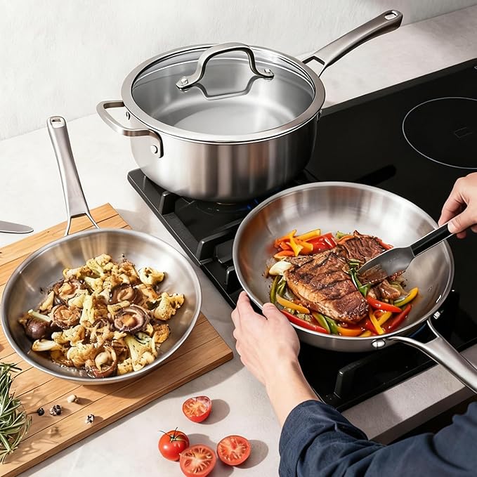 Bonnlo 10 Pieces Cookware Set, 3-Ply Stainless Steel Pots and Pans Set with Lids, Non-Toxic Kitchen Set, Oven & Dishwasher Safe, Induction Cooking Set, PFOA & PTFE Free, Compatible for All Cooktops