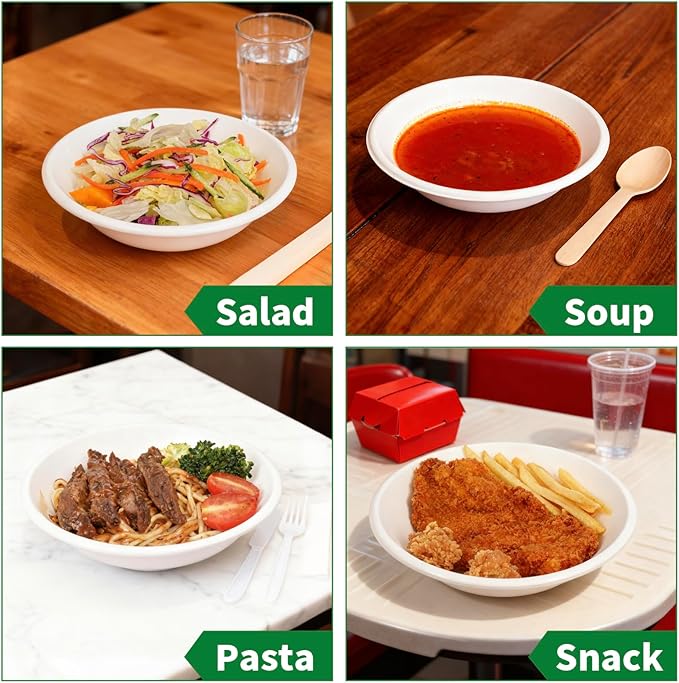 Aricsen Compostable 23 Ounce 100 Pack Disposable Round Paper Bowls, PFAS-Free, Eco-Friendly, Biodegradable Bagasse For Hot Soup Food Salad Dinner Party (100, 23 OZ)