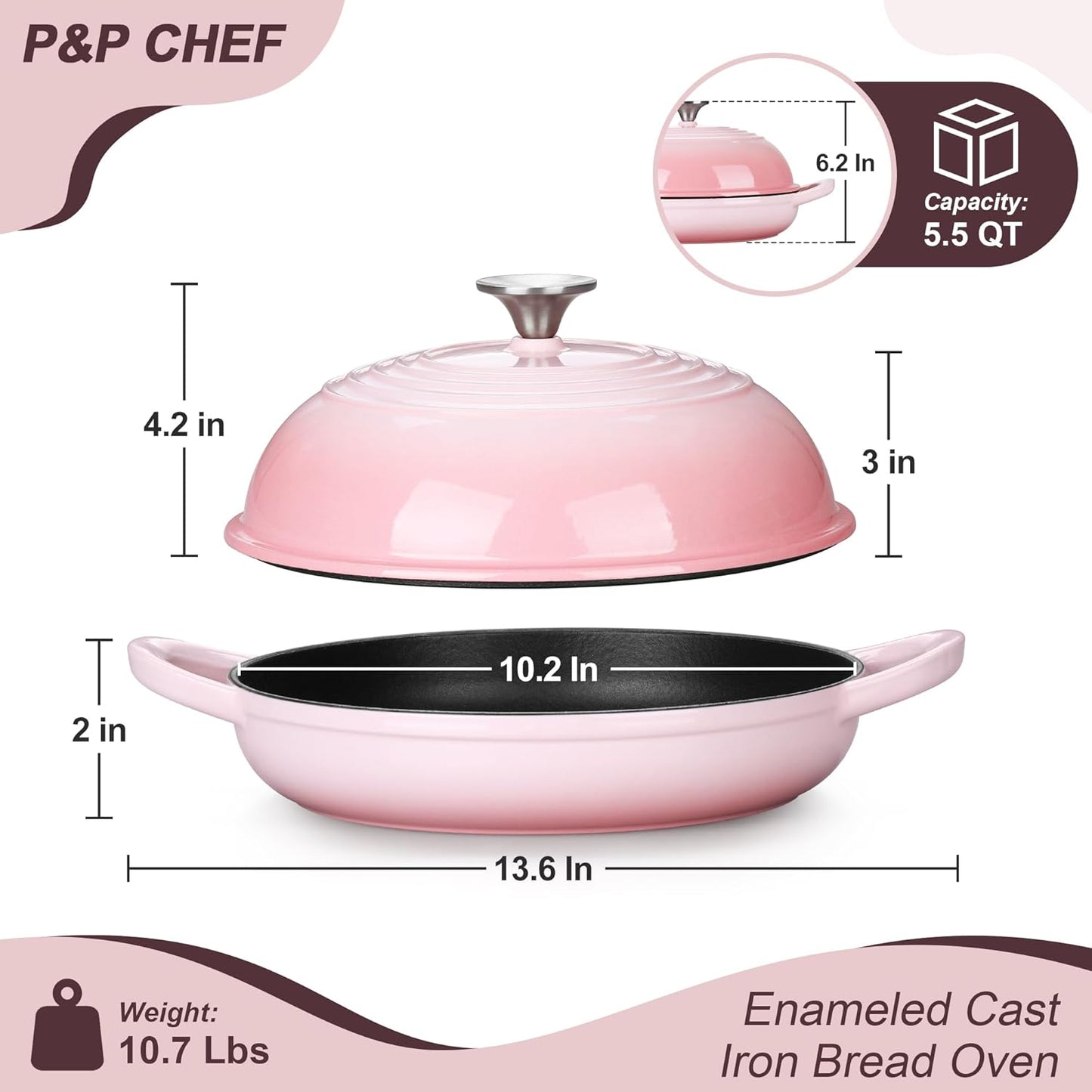 P&P CHEF Bread Dutch Oven for Sourdough, 5.5 Quart Enameled Cast Iron Dutch Oven Pot with Lid for Homemade Bread Baking, Easy to Clean & Even Heat, Pink