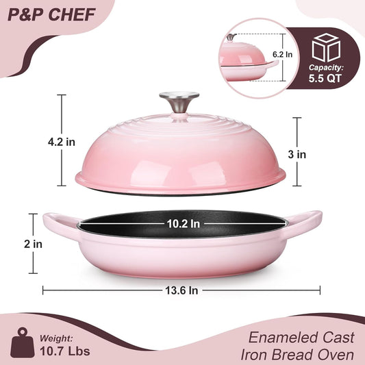P&P CHEF Bread Dutch Oven for Sourdough, 5.5 Quart Enameled Cast Iron Dutch Oven Pot with Lid for Homemade Bread Baking, Easy to Clean & Even Heat, Pink