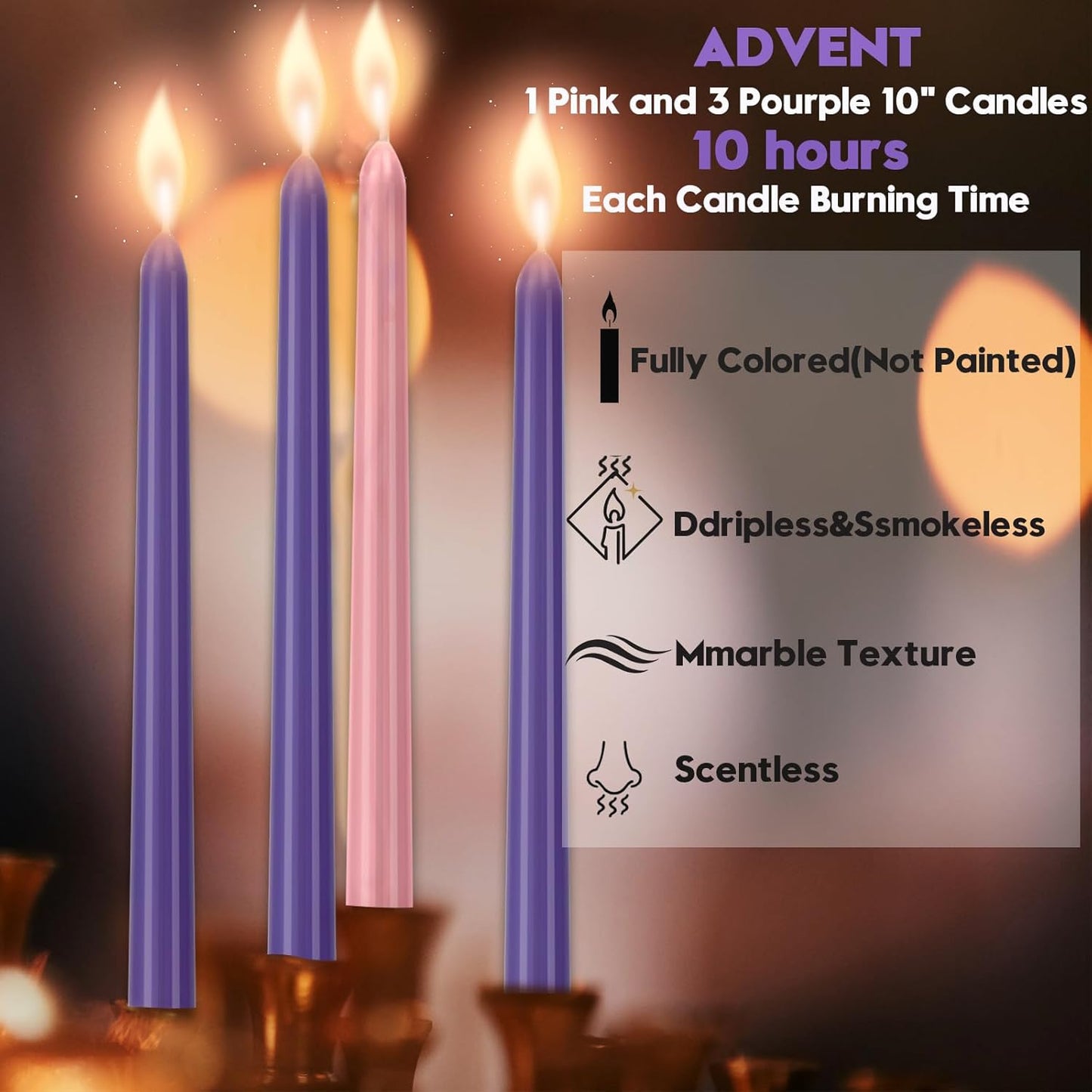 4 Pack Advent Taper Candles Premium Hand Dipped 10in Unscented Christmas Taper Candles - Ideal for Seasonal Celebrations, Holidays, Church, Celebration, Party