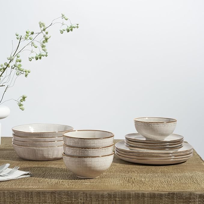 Famiware Moonlight Plates and Bowls Sets, 24 Pieces Stoneware Dinnerware Sets with Linen Finish, Dishware set for 8, Microwave and Dishwasher Safe, Chip and Scratch Resistant, Summer Sand
