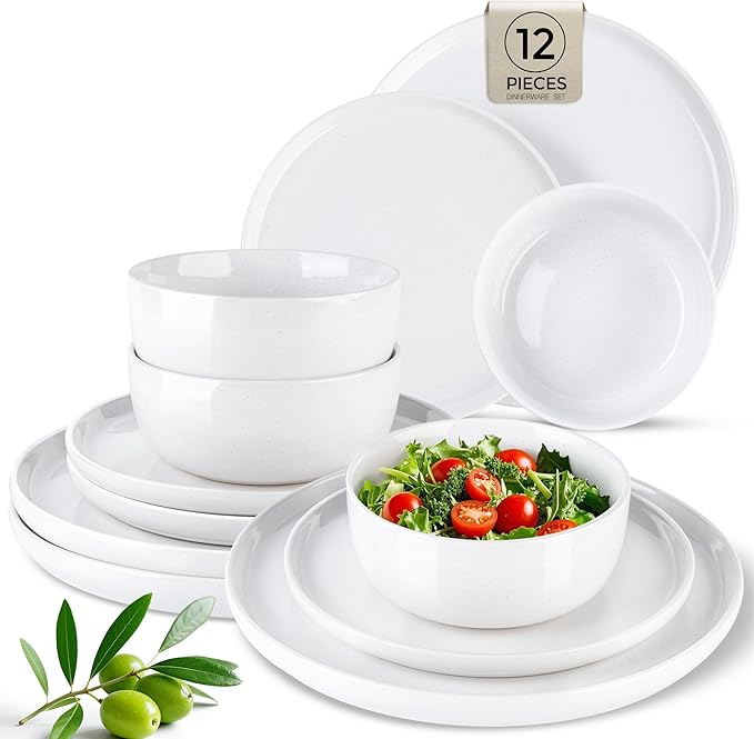 AmorArc Dinnerware Sets for 4, 12 Pieces Ceramic Plates and Bowls Set, Handcrafted Stoneware Plates Sets, Dishwasher & Microwave Safe Dishes