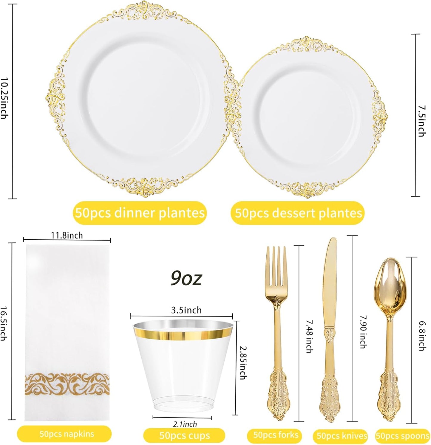 Hioasis 350pcs White and Gold Plastic Plates - Elegant Disposable Dinnerware Set Include 10.25" Dinner & 7.5" Dessert Plates, Knives, Forks, Spoons, Napkins, Cups for Party & Thanksgiving