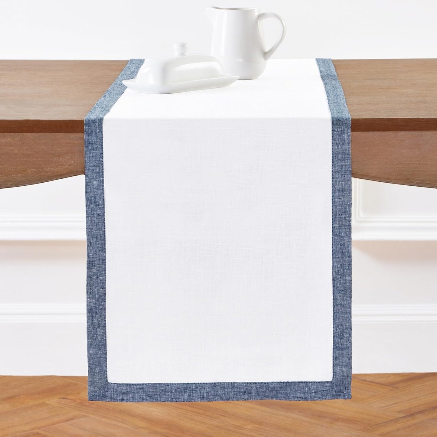 Solino Home Linen Table Runner 36 Inches - 100% Pure Linen Chambray Indigo and White Small Table Runner 14 x 36 Inch Ideal for Dresser and Coffee Tables - Classic