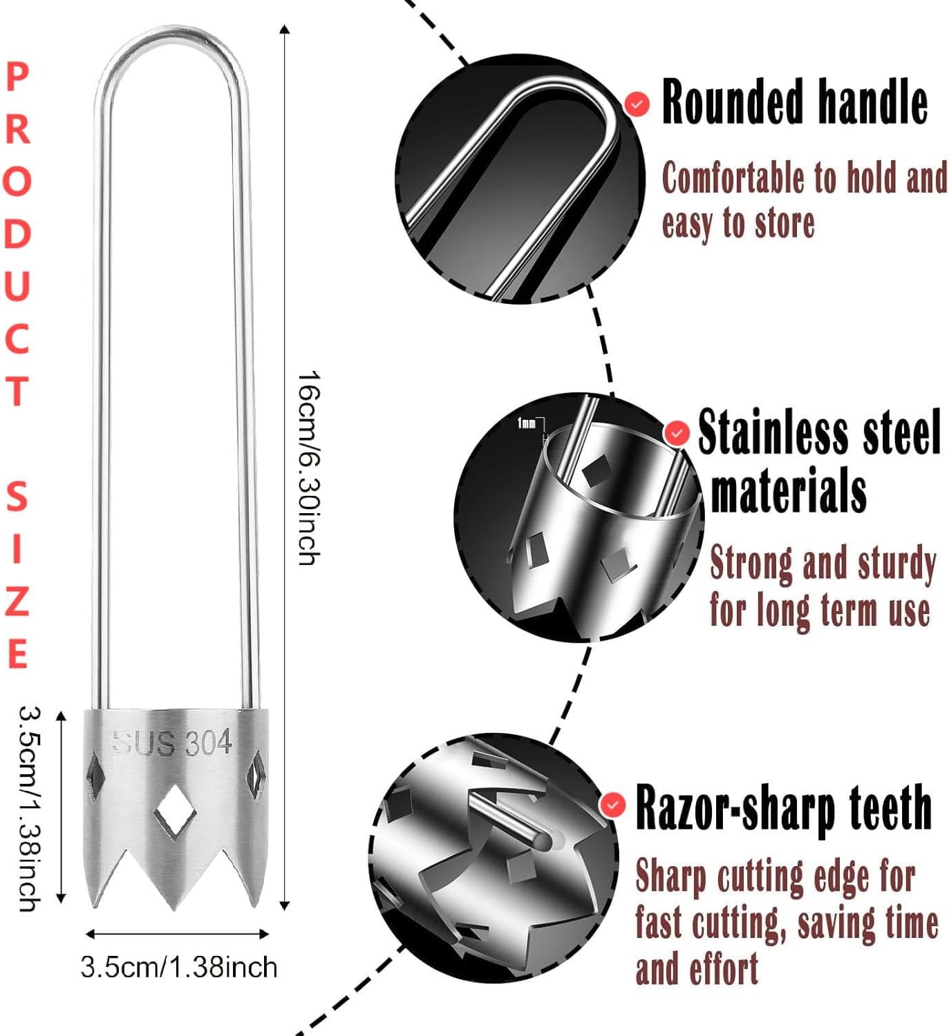 Red Bell Pepper Corer Seed Remover Tool- Pepper, Pineapple, Pear,Apple Corer - 304 Stainless Steel, Rust Resistant, Designed for a Wide Range of Fruits and Vegetables-Easy to Clean