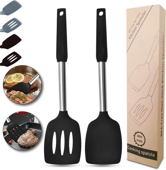 Silicone Spatulas set for kitchen: Heat Resistant Turner & Slotted Silicone Spatula for Cooking, Non Toxic Kitchen Utensils, Ideal kitchen spatula turner for Eggs & Pancakes - Black
