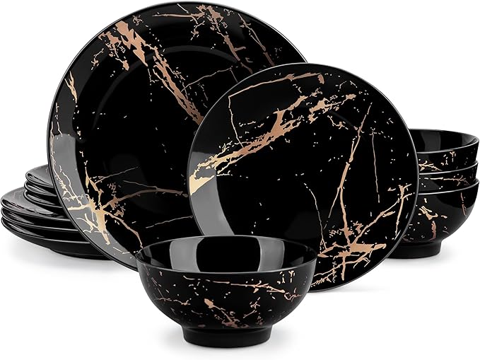 LOVECASA Plates and Bowls Sets for 4, 12 Pieces Porcelain Dinnerware Sets, Black and Gold Dish Set Gold Splash Dishware Sets, Dishwasher Microwave Safe