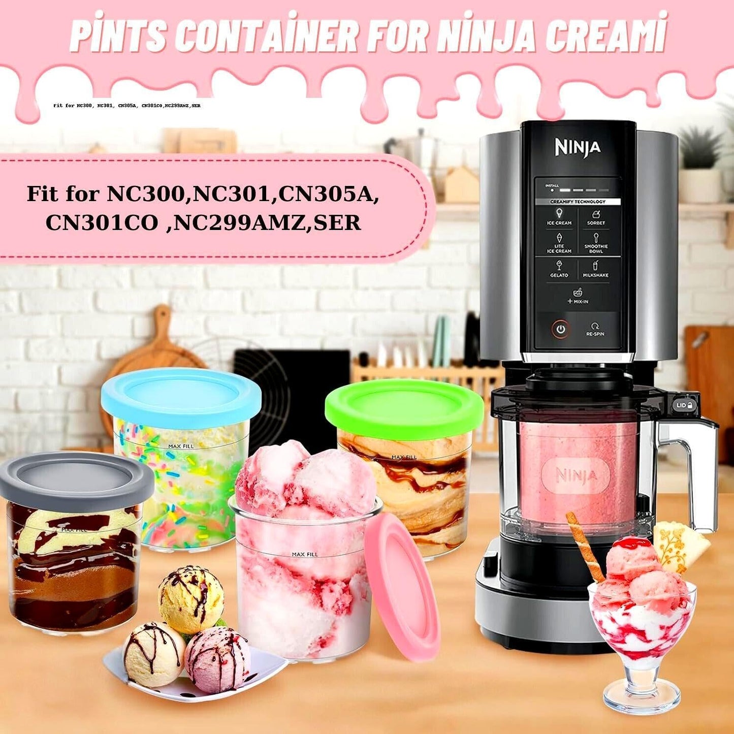 4-Pack 16 Oz Ice Cream Containers with Lids – Compatible with Ninja NC300, NC301 & NC299AMZ Series Creami Machines – Dishwasher Safe & Leak-Resistant