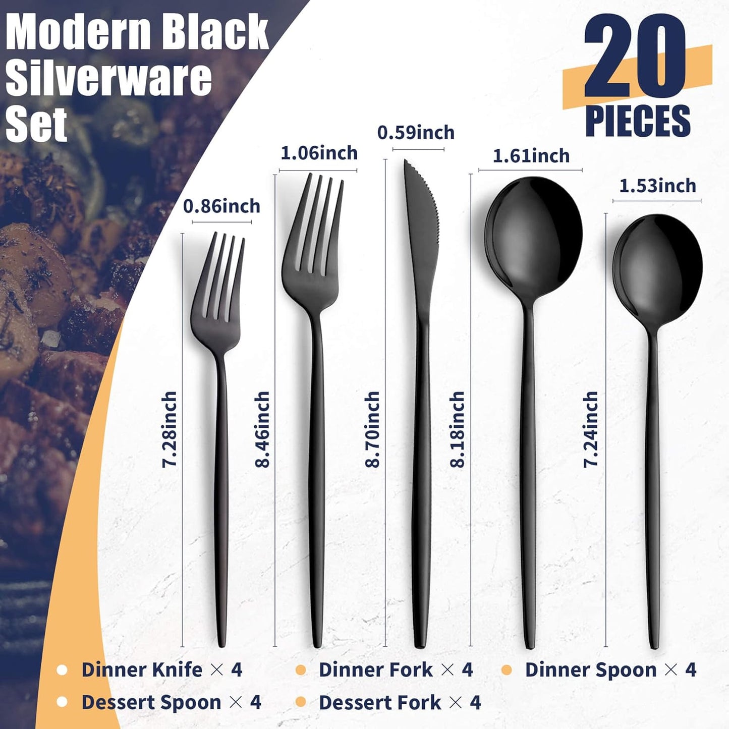 20 Piece Black Silverware Set,Stainless Steel Flatware Cutlery Set Service for 4 Including Forks Spoons Knives,Kitchen Utensil Set,Tableware for Home and Restaurant, Dishwasher Safe
