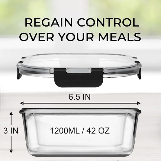 Razab 2 PC 1200ML / 42 Oz Glass Food Storage Containers with Lids - Airtight & Leakproof - Microwave/Oven/Freezer Safe - BPA Free - Ideal for Meal Prep, Storing Leftover & Lunch