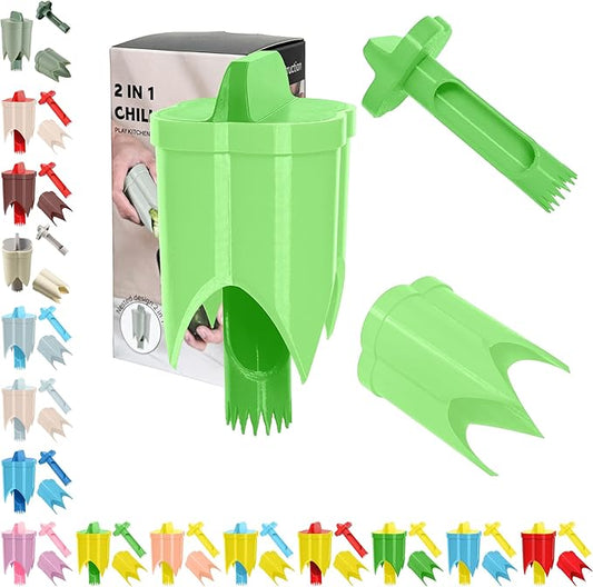 Pepper Corer, 2 in 1 Red Bell Pepper Seed Corer Remover Tool, Fruit & Vegetable Corers Quick Cave Tools for Jalapeno Cutter Deseeder, Bright Green