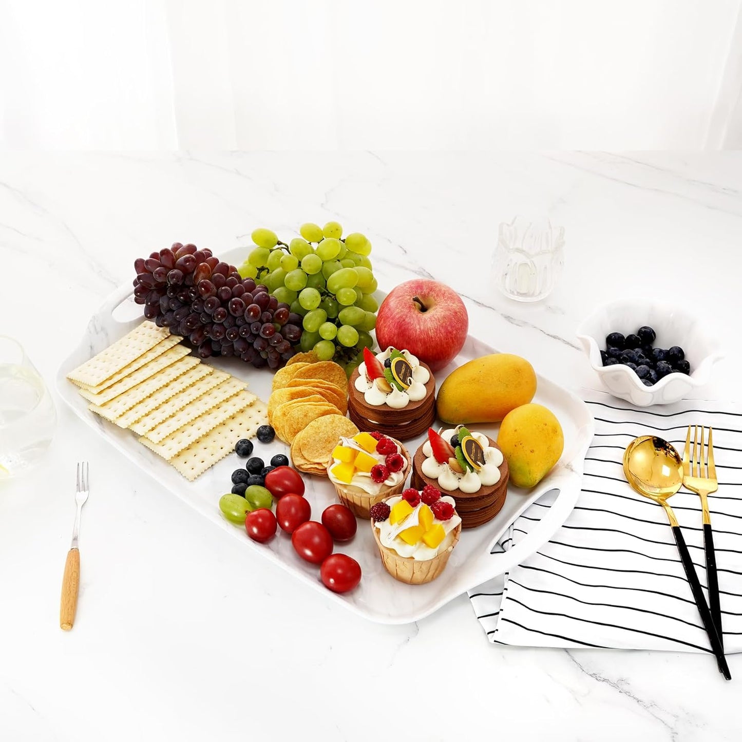 TP Serving Trays with Handles, 17 Inch Large Rectangular Melamine Serving Platter Set of 2, White Marble