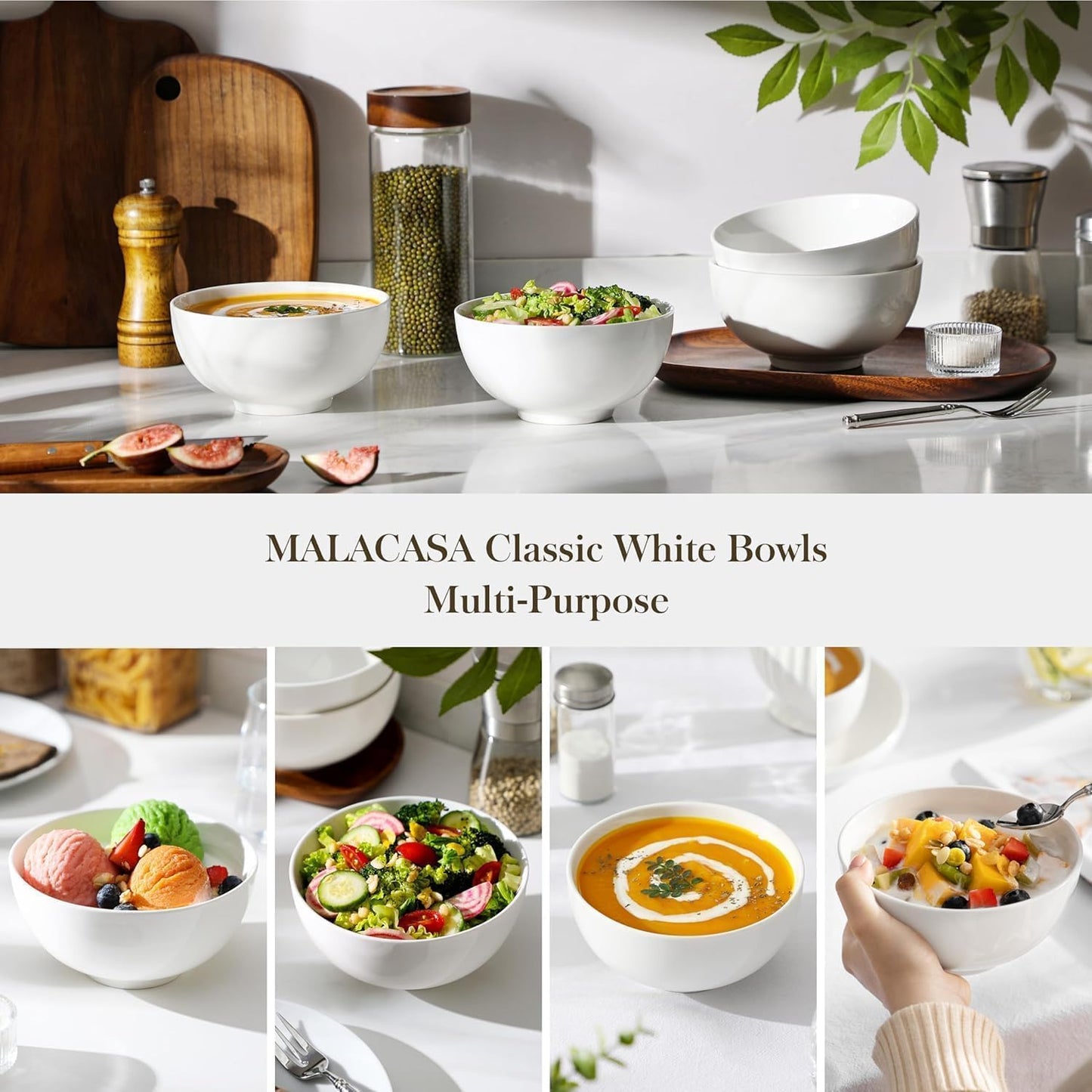 MALACASA 26 oz Porcelain Soup Bowls, White Ceramic Cereal Bowls for Kitchen 6 inch Bowls Set of 6 for Oatmeal Salad Fruit Rice Dishwasher and Microwave Safe, Series Regular