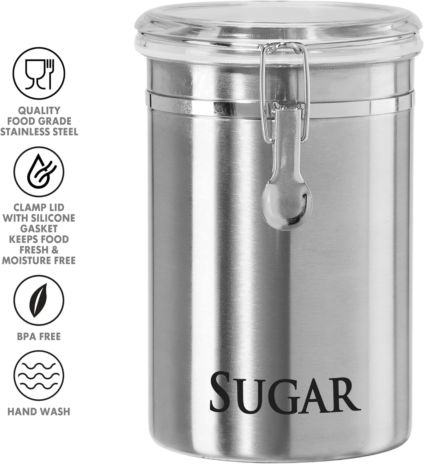 Oggi Stainless Steel Sugar Canister 62 fl oz - Airtight Clamp Lid, Clear See-Thru Top - Ideal Sugar Container for Countertop, Sugar Jar, Bulk Sugar Storage. Large Size 5" x 7.5".