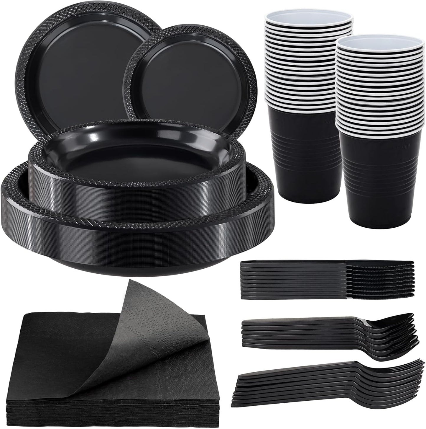 WELLIFE 210Pcs Black Plastic Plates, Disposable Dinnerware Set, Party Supplies Including Black plates, 12oz Cups, plastic Cutlery and Napkins Serve 30 Guests, Plastic Plates for Party and Halloween