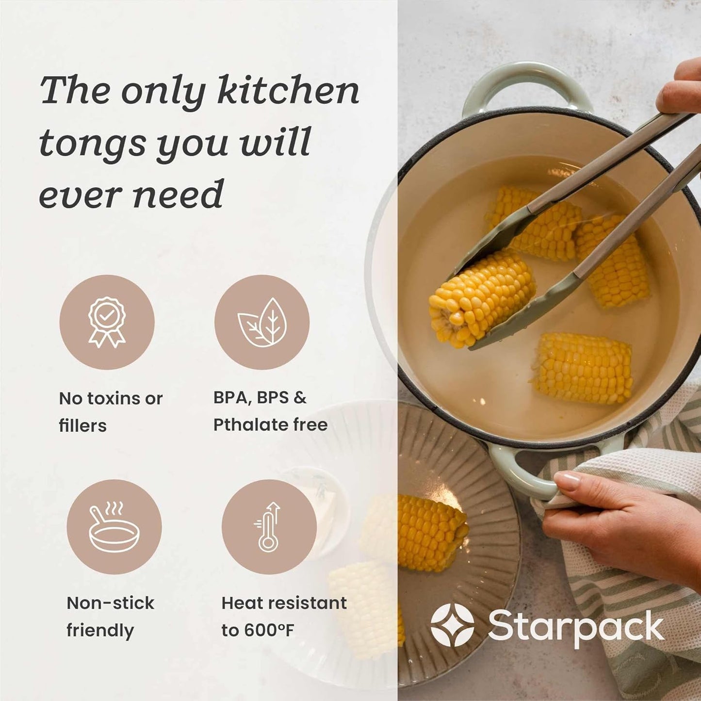 Starpack 'Get a Grip' Silicone Kitchen Tongs for Cooking 12 Inch - BBQ Silicone Tongs for Grill Heat Resistant to 600°F - Stainless Steel Utensils with Non Stick Rubber Tips for Serving Food