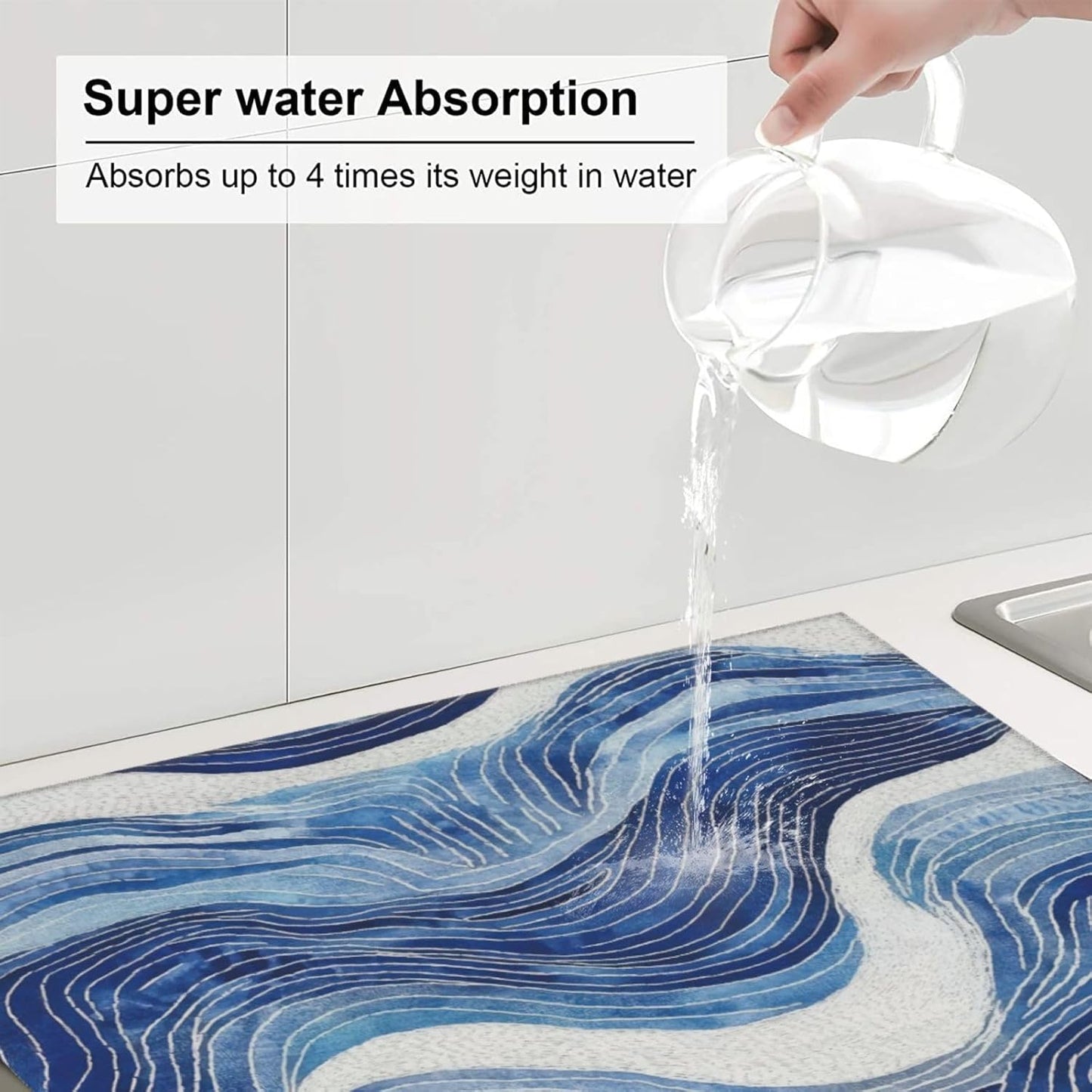 Blue White Wave Abstract Art Dish Drying Mat for Kitchen Counter & Sink, Absorbent Microfiber Ocean Drying Pad for Dishes, Foldable Nautical Modern Kitchen Mat for Dining Area & Home Decor, 16" x 18"