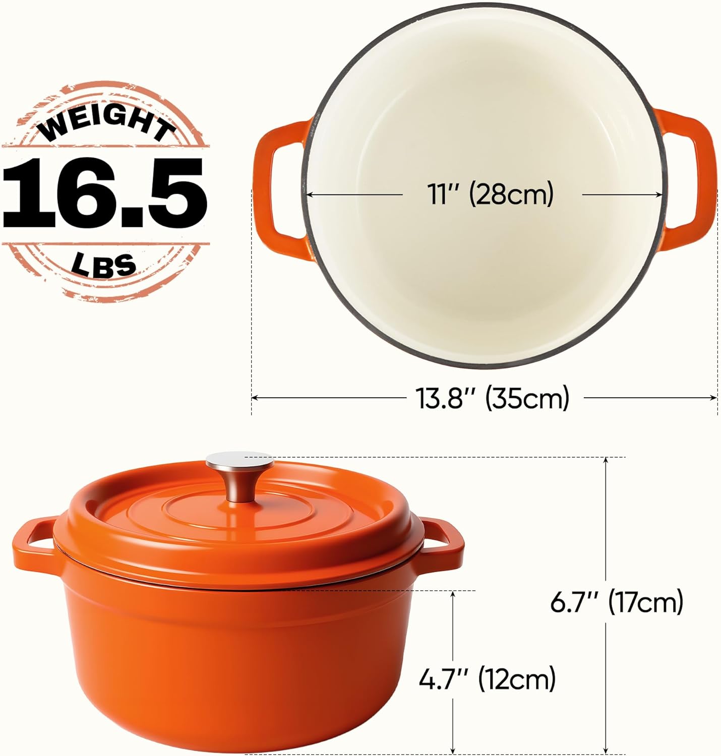 7 Quart Dutch Oven Pot with Lid, Non Stick Enameled Cast Iron Dutch Oven for Bread Baking, Heavy-Duty, Oven Safe Ceramic Cookware Up to 500°F for Baking, Braising, Stews, Roasting, Orange