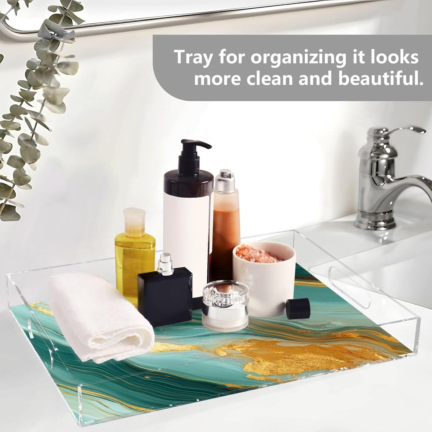 Acrylic Serving Tray with Handles Spill Proof Kitchen Storage Tray Clear Decorative Tray Makeup Drawer Organizer Storage Tray for Bathroom Living Room Ottoman 15.7x11.8Inches