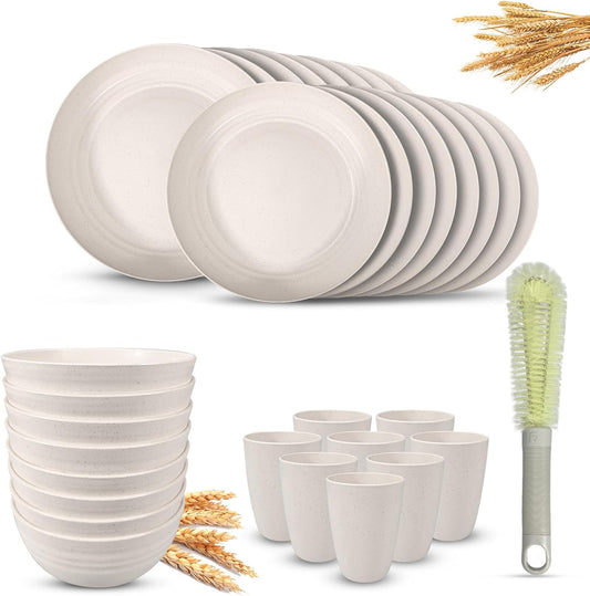 Kitchen Wheat Straw Dinnerware Sets (33pcs) Attached cleaning brush,Service For 8,Plastic Plates and Bowls Sets,Unbreakable Dinnerware,Lightweight Plastic Plate Set (off-white)