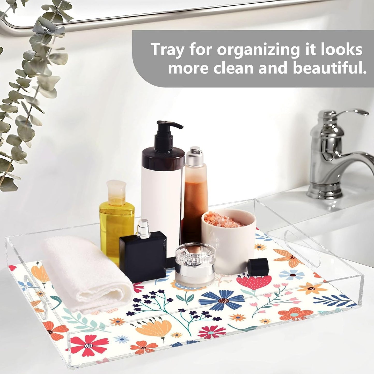 Acrylic Serving Tray with Handles Spill Proof Kitchen Storage Tray Clear Decorative Tray Makeup Drawer Organizer Storage Tray for Bathroom Living Room Ottoman 15.7x11.8Inches
