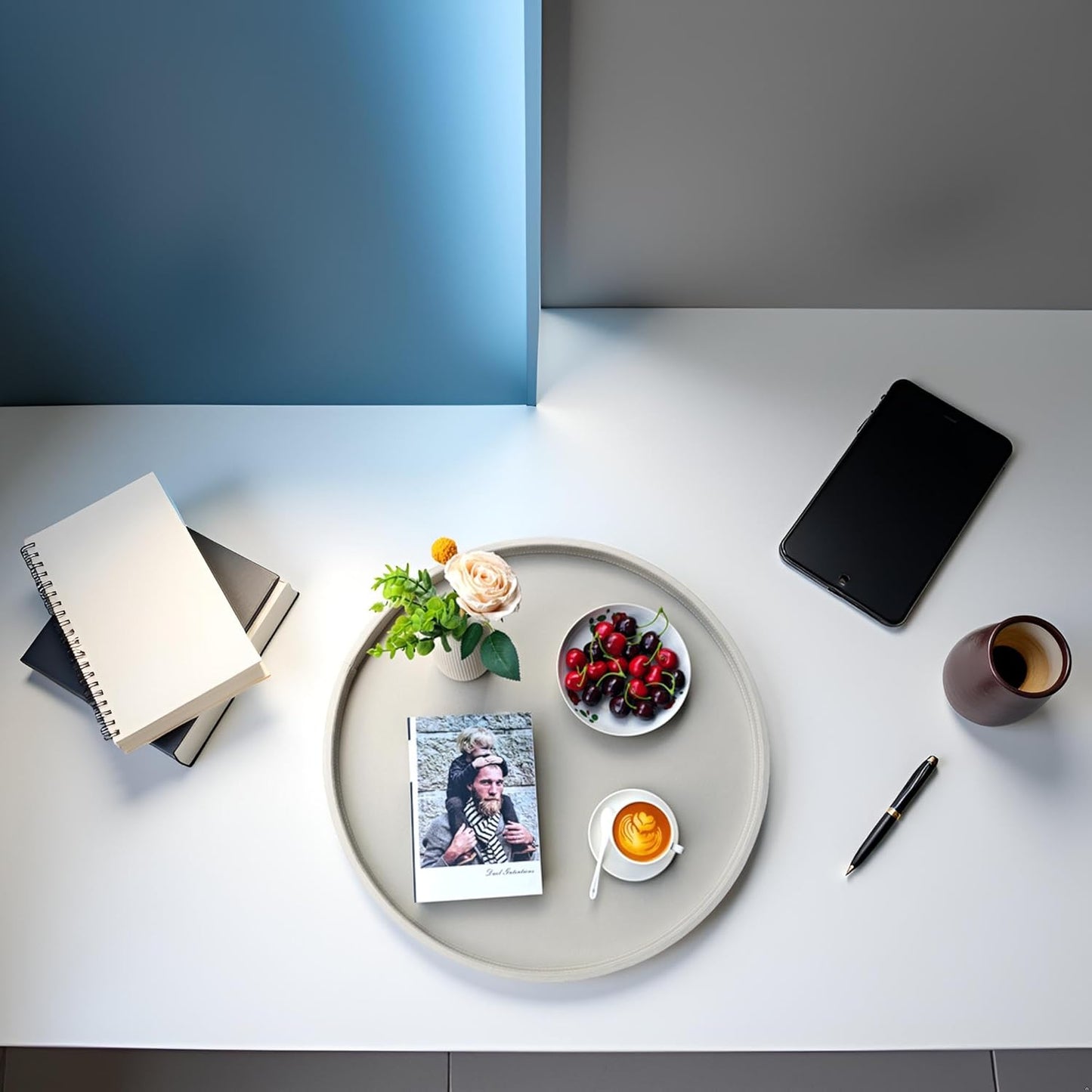 25-inch Round Ottoman Serving Tray - Textured PU Leather Coffee Table Decor, Waterproof Heat-Resistant Large Organizer for Home, Office, Bed & Party Essentials (Tranquil Beige, 25)