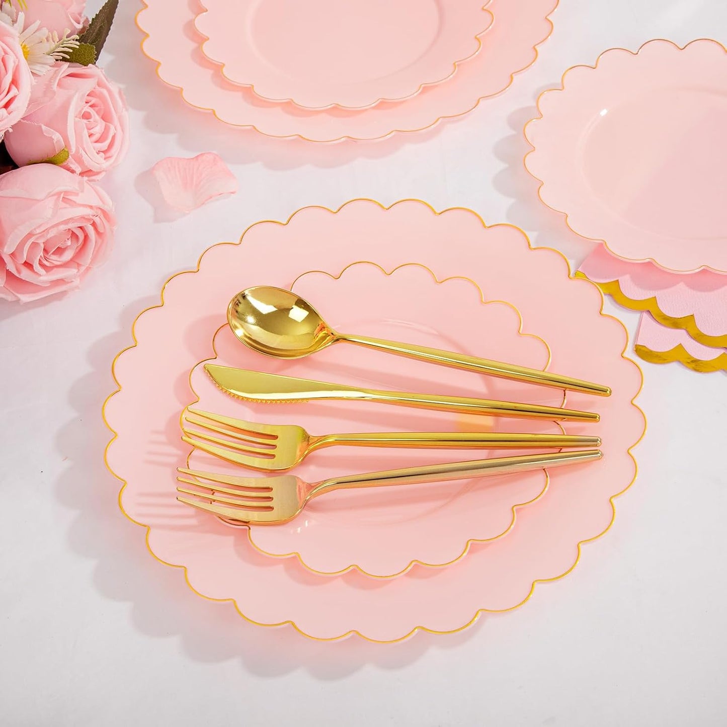LIYH 210 Pcs Pink and Gold Scalloped Plastic Plates - Disposable Dinnerware Set, Include Gold Plastic Silverware, Pink Plates and Napkins Party Supplies for Birthday Wedding