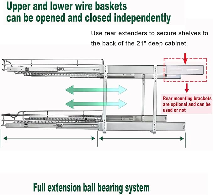 DINDON 2 Tier Pull Out Cabinet Organizer (14" W X 18" D), Double Tier Wire Basket Slide Out Shelf Storage for Kitchen Base Cabinet Organization for Kitchen, Pantry, Bathroom, Chrome
