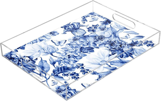 Acrylic Serving Tray with Handles Spill Proof Kitchen Storage Tray Clear Decorative Tray Makeup Drawer Organizer Storage Tray for Bathroom Living Room Ottoman 15.7x11.8Inches