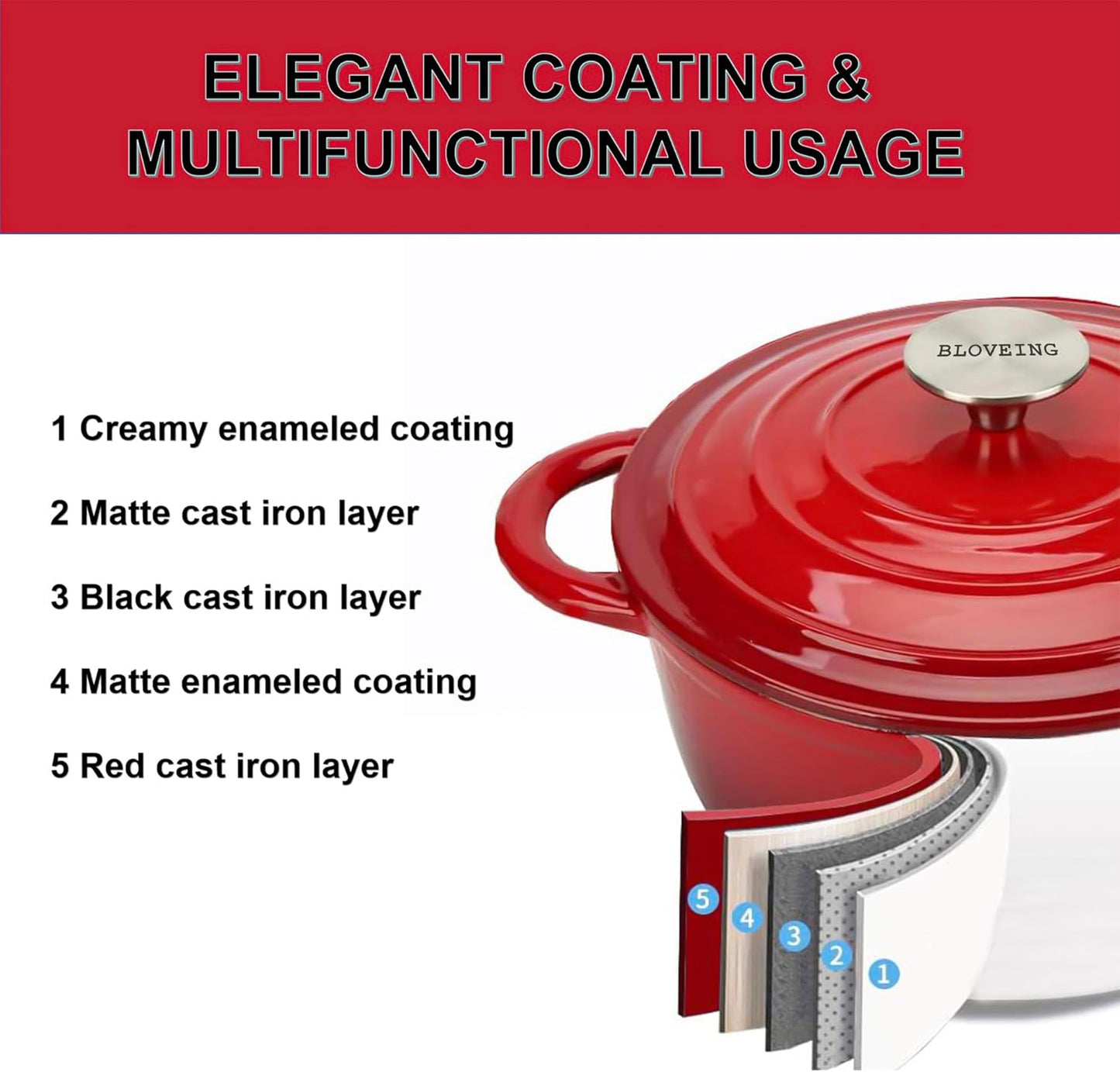 3 QT Enameled Cast Iron Dutch Oven with Lid Round Dutch Oven Big Dual Handles Classic Round Pot for Home Baking, Cooking, Red