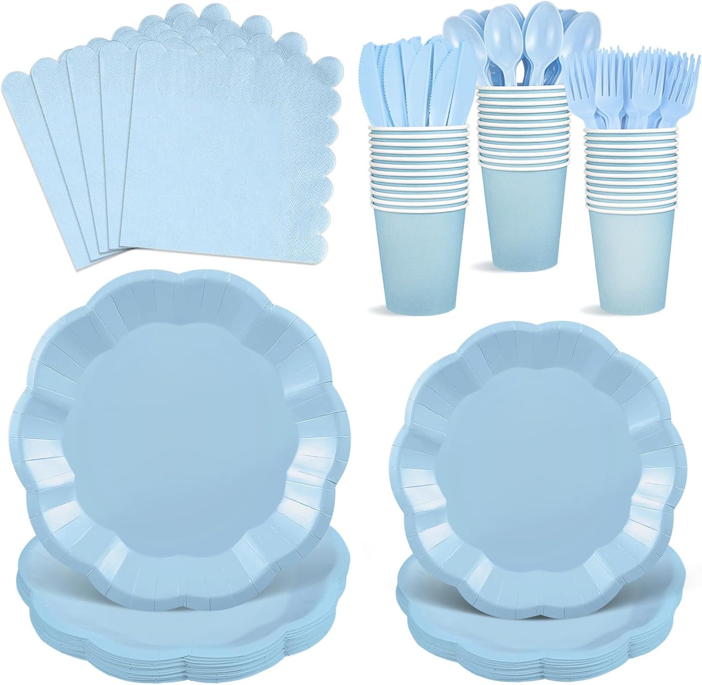175 Pcs Light Blue Plates and Napkins Set, 25 Guest Blue Supplies Include Scalloped Plate Napkin Cup Forks Knives Disposable Plastic Cutlery for Wedding Baby Shower Birthday Banquet