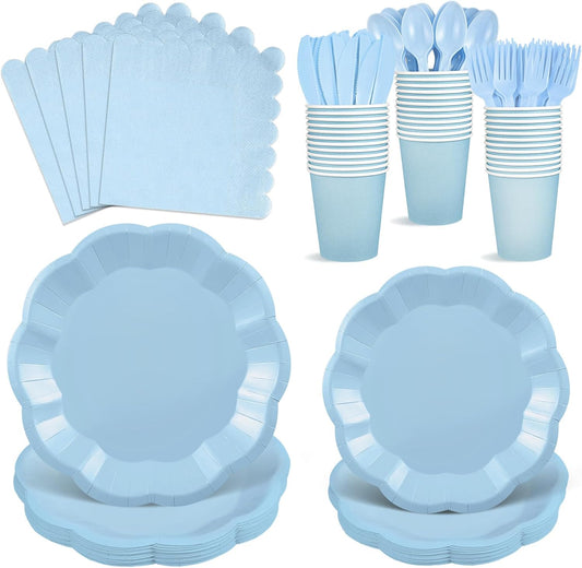 175 Pcs Light Blue Plates and Napkins Set, 25 Guest Blue Supplies Include Scalloped Plate Napkin Cup Forks Knives Disposable Plastic Cutlery for Wedding Baby Shower Birthday Banquet