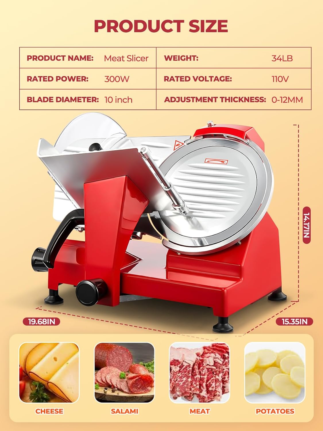 FOHERE 300W Commercial Meat Slicer, Electric Deli Meat Cheese Food Slicer, Frozen Meat Deli Slicer, 10" Premium Chromium-plated Steel Blade Semi-Auto Meat Slicer For Commercial and Home use, Red