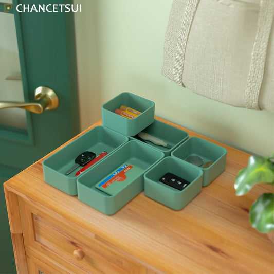 6 Pcs Stackable Drawer Organizer Set Desk Drawer Dividers, Bathroom Vanity Cosmetic Makeup Trays , Multipurpose Plastic Storage Bins for Jewelries, Kitchen Gadgets and Office Accessories, Green