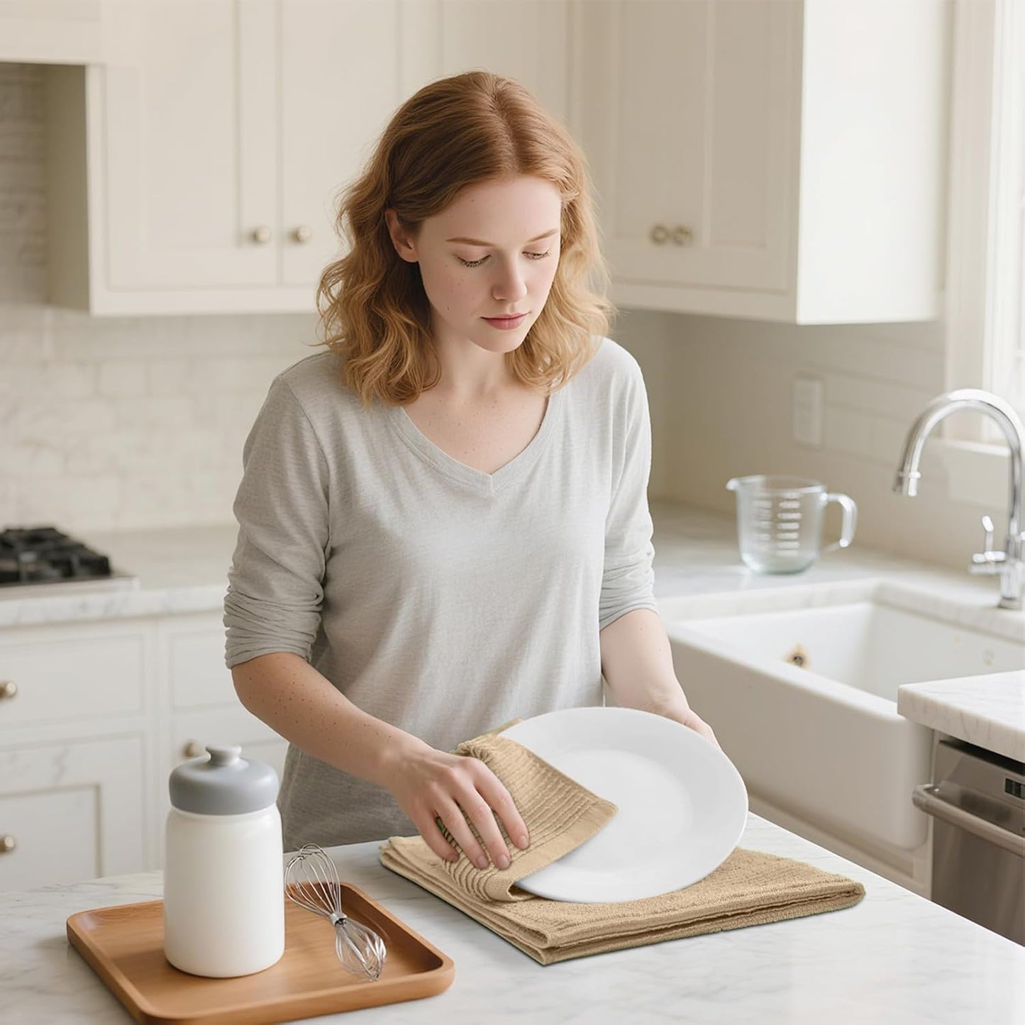 Homaxy Premium Kitchen Towels (18"x 28", 8 Pack), Large 100% Cotton Kitchen Hand Towels, Ultra Absorbent Ribbed Terry Tea Towels Set with Hanging Loop, Khaki