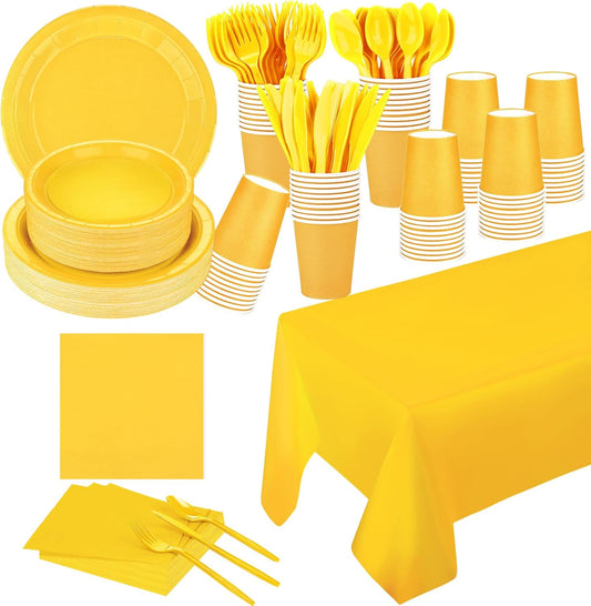 TWOWYHI 229PCS Yellow Party Supplies Set Paper Disposable Plates Cups Plastic Spoons Forks Knives Yellow Napkins for 30 Guests Disposable Party Dinnerware Sets for Wedding Birthday Parties
