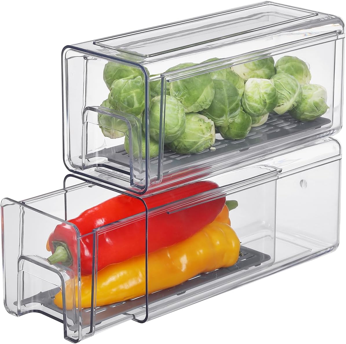 Plastic Clear Fridge Storage Organizer with Drawers & Drainer - Stackable Bins for Kitchen Fruit & Veggie Organization (2PCS, Small)